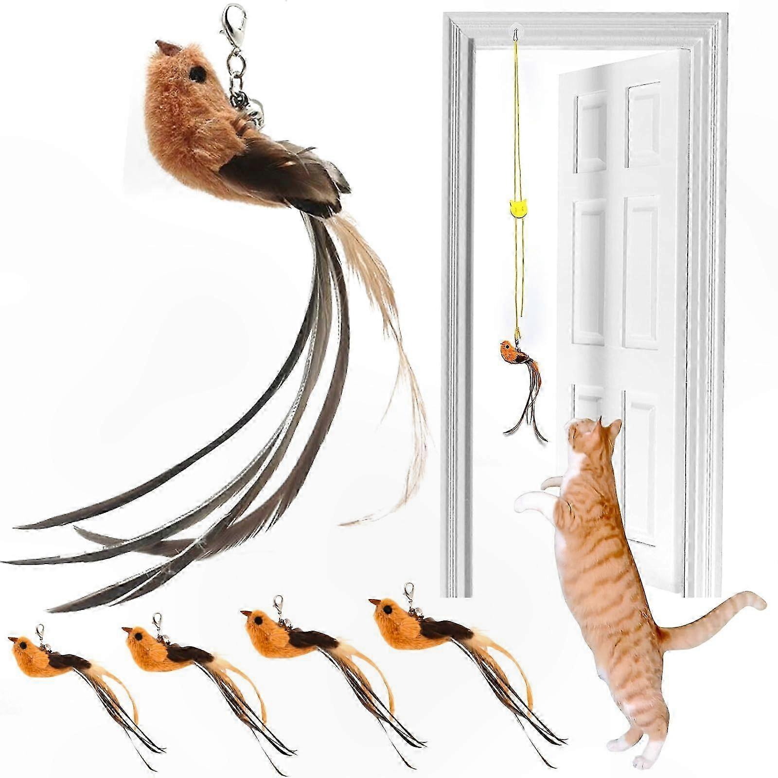 Interactive Bird Simulation Cat Wand Refill Set, Hanging Door Toy with Feather String Attachments for Indoor Cats