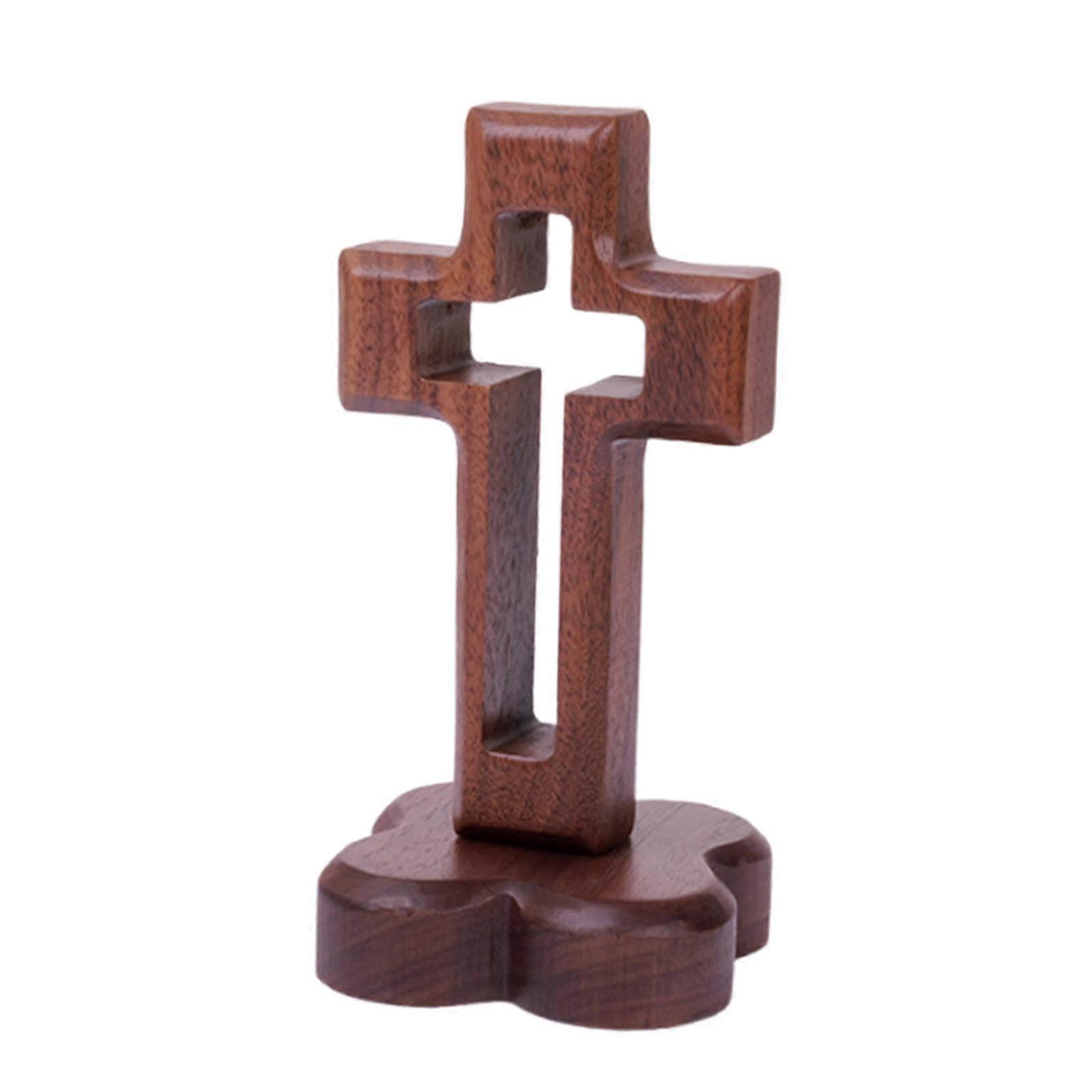 Wood Cross Statue with Stand Tabletop Cross with Base for Anniversary Ornaments