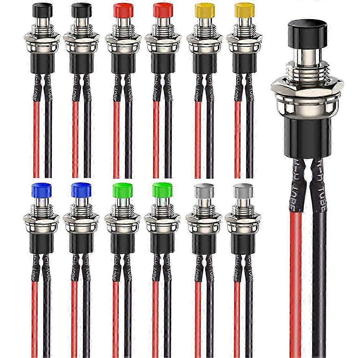 12pcs 7mm Mini Momentary Push Button Switches,Prewired on/Off 2 Pin Round Button,Multi-Voltage 3V-230V/1A for Multicolor SZRH