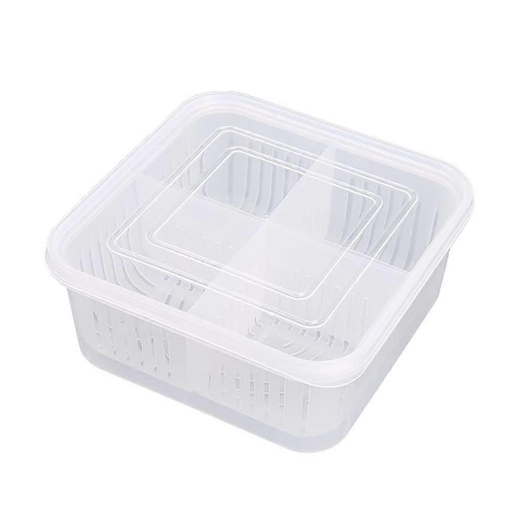 Multifunctional 4-in-1 Refrigerator Storage Box 17x17x7.5cm for Fruits Ginger Garlic Onion with Drain and Seal Fresh-Keeping