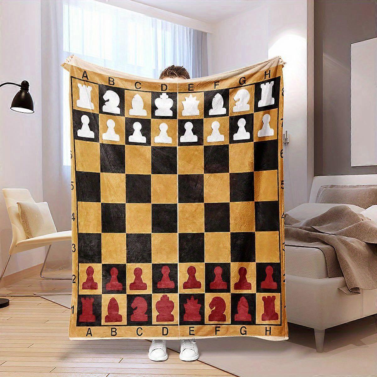 Chess-Themed Flannel Fleece Throw Blanket - Vibrant Checkered Pattern with Alphabet & Figure Design, Soft & Cozy for Bed-poiuy162