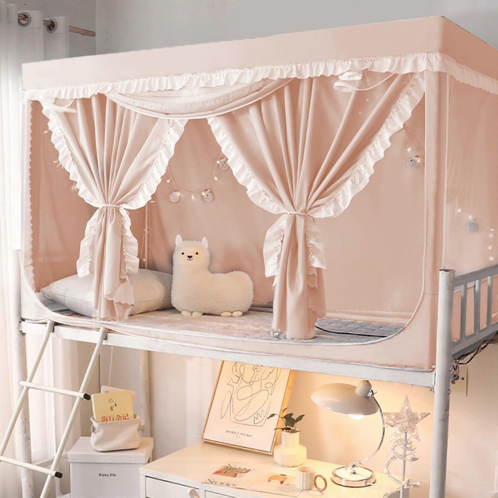 Princess Style Twin Bunk Bed Privacy Tent with 70% Light Blocking Curtains and Mesh Ventilation, Pink