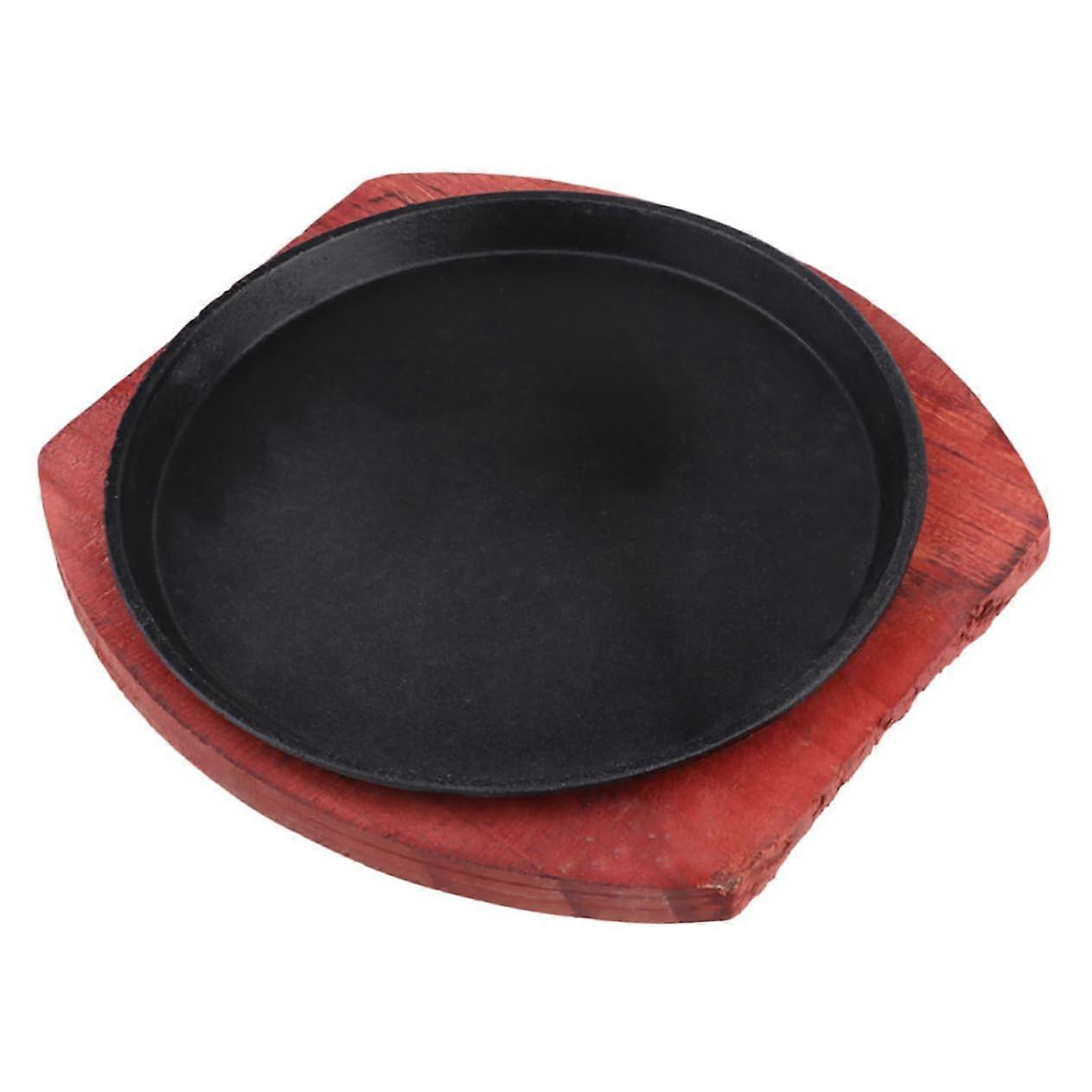 Cast Iron Sizzling Plate with Wooden Tray, Nonstick Fajita Pan for Induction and Gas Stoves