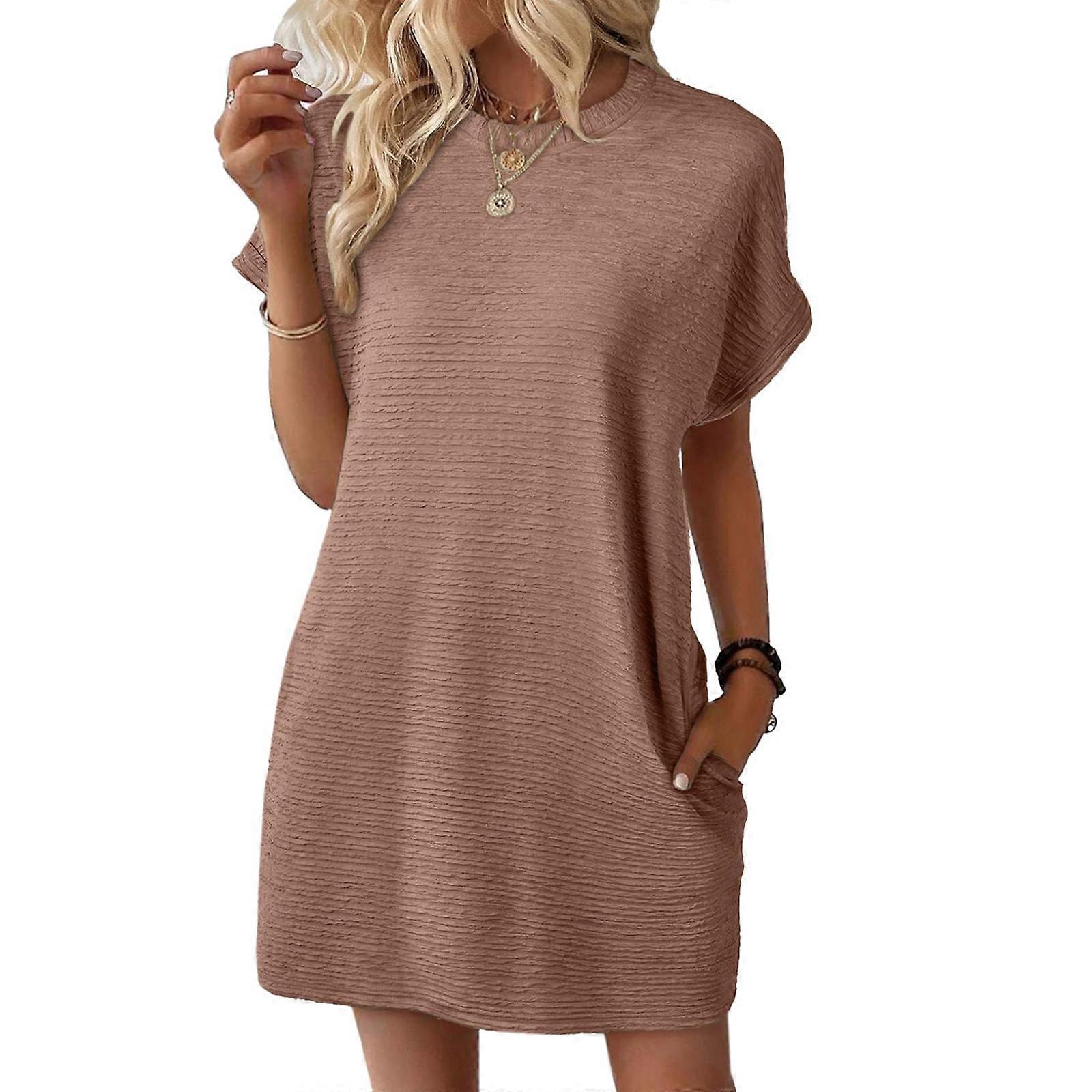 Womens Summer Dresses Fashion Short Sleeve Cute Spring Mini Dress Crewneck  Casual Beach Vacation Dresses light brown L | Fruugo UK
