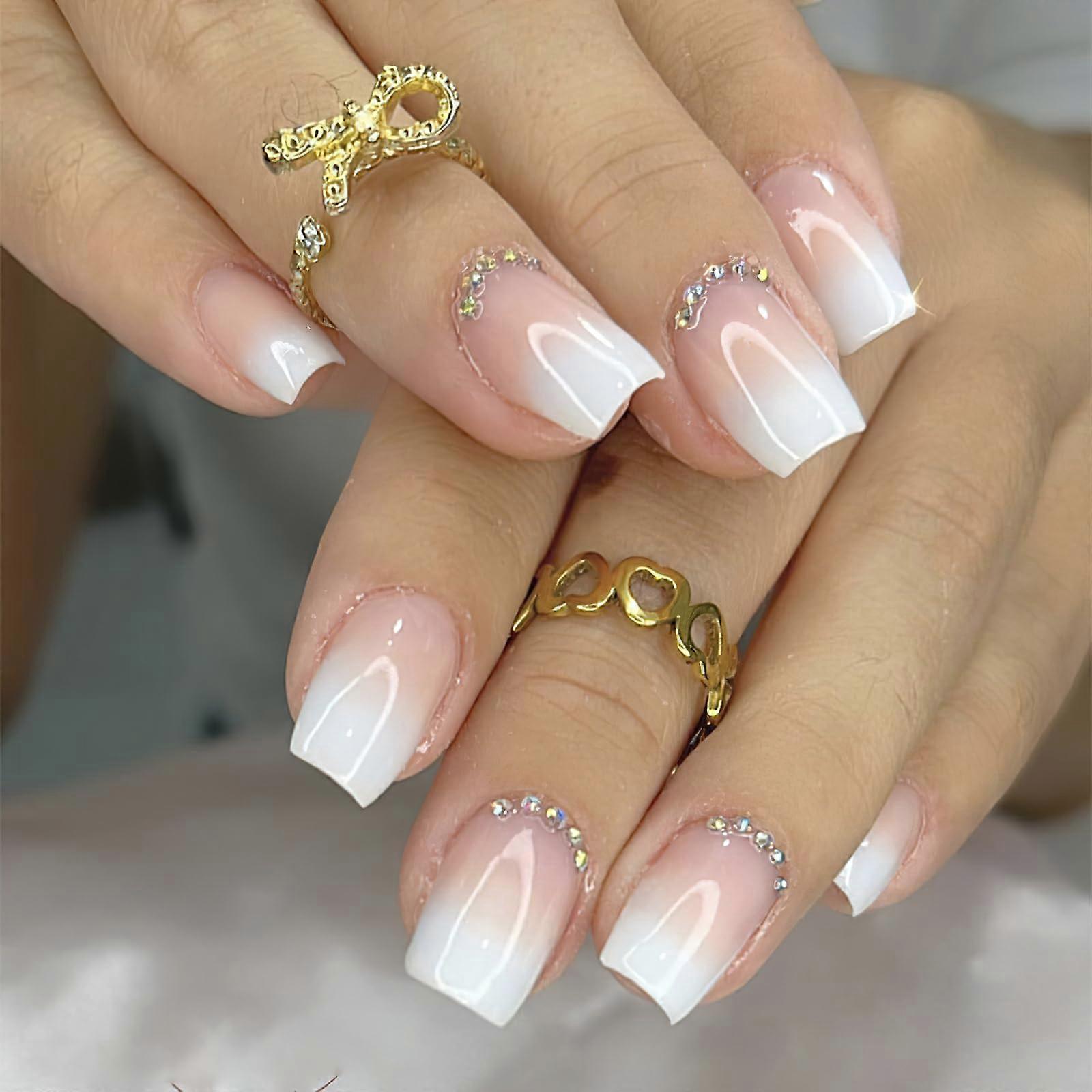 White Gradient Press On Nails Medium Square False Nails with Rhinestones Ombre Glossy Full Cover 24Pcs