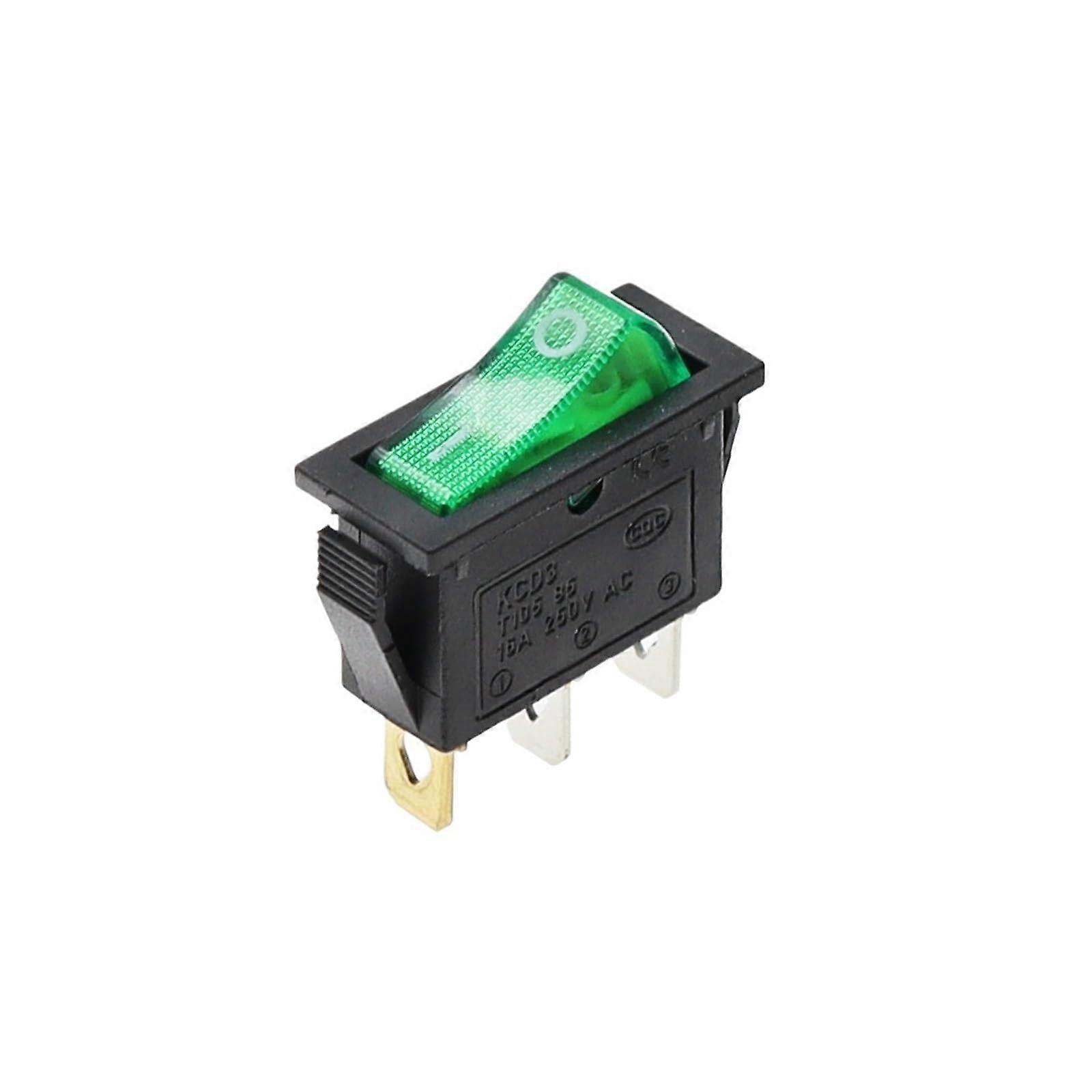 10PCS KCD3 Rocker Toggle Switch with Green Light, 2 Position 3 Pin Illuminated Power Control