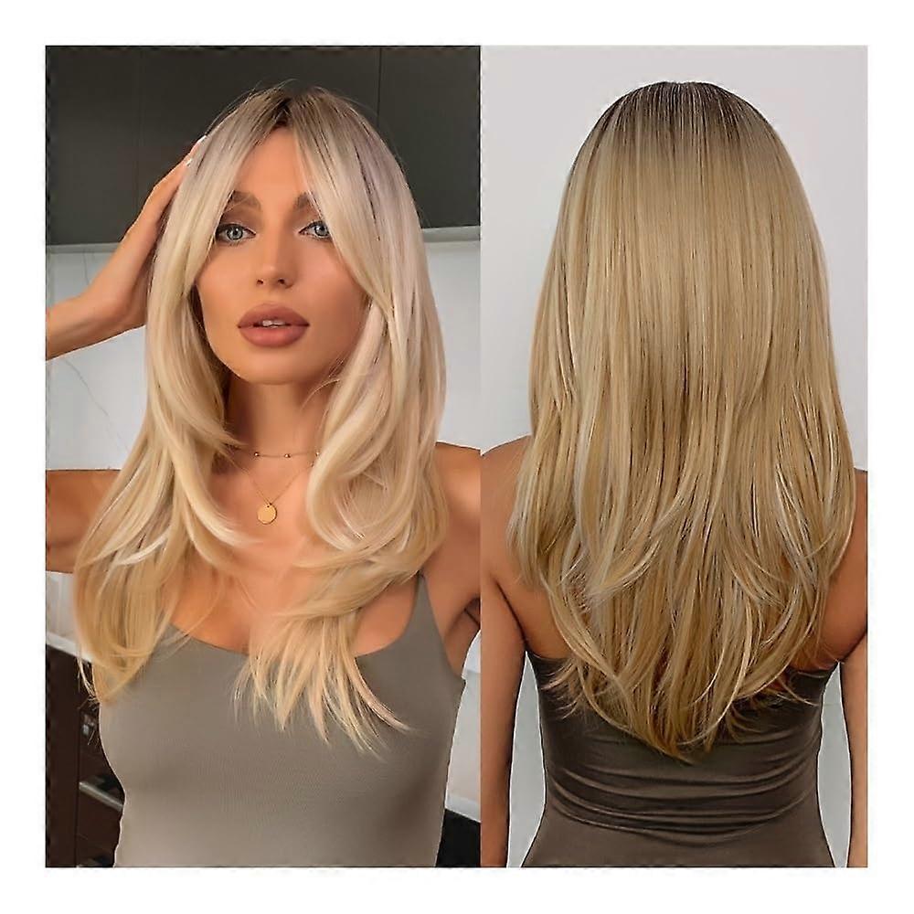 Women's Gradient Synthetic Wig with Bangs, HeatResistant Golden Color, Micro Roll Ends