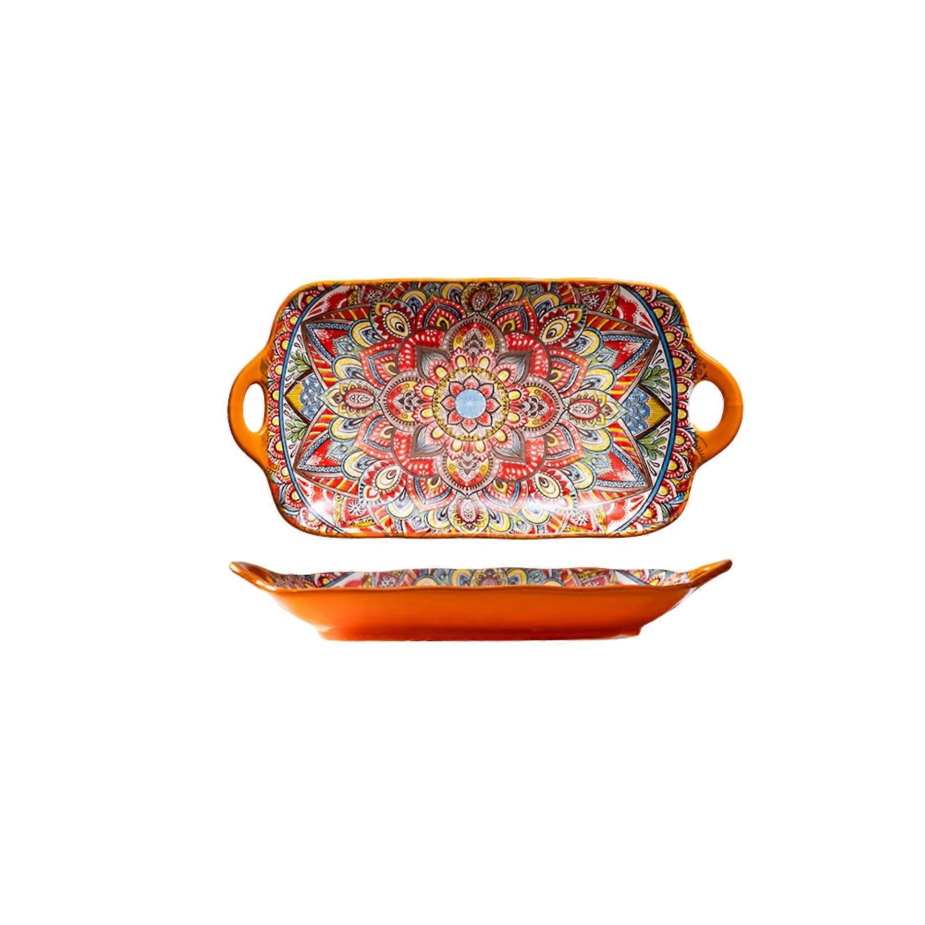 Extra Large Rectangular Serving Tray with Handles Ceramic Platter for Parties Sunset Fiesta