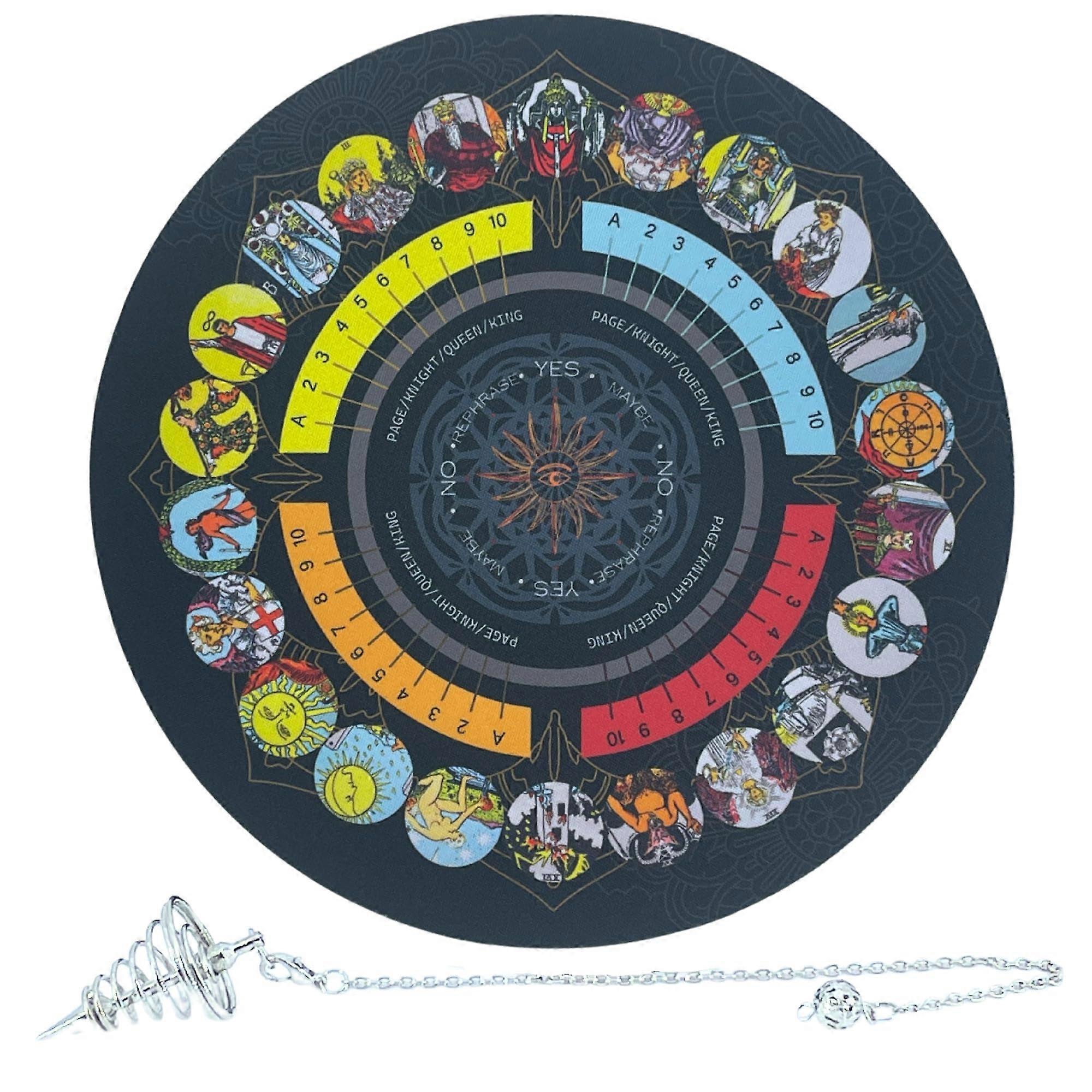 Pendulum Dowsing Mat Set with Silver Spiral Pendulum for Cardless Tarot Divination Layout