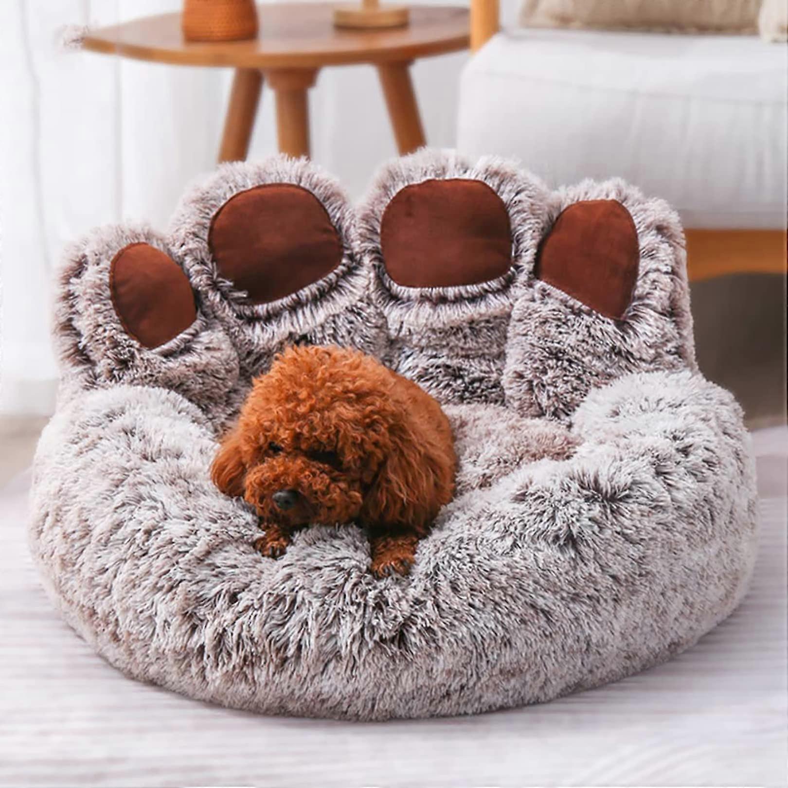 Bear Shape Dog Calming Bed with Fluffy Calming Design and Extra Head Neck Support, Brown 55cm