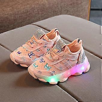 UTTOASFAY Småbarnsskor Barn Barn Baby Flickor Skor Fjärilskristall LED Lysande Sport Löparskor Rosa 3-3,5 År