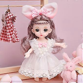 Mini bambola alla moda con abito da festa in pizzo bianco, perle e cerchietto con orecchie da coniglio, 16 cm, bambola in vinile morbido per bambine dai 3 anni in su.