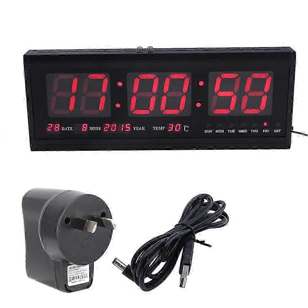 Large LED digital alarm clock, timer, calendar, thermometer, extra-large display screen, wall-mountable, red.