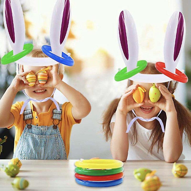 Inflatable Easter Rabbit Ears Hat with 4 Rings Wearable Bunny Toss Toy Easter Bunny Toy For Party Game Kids Outdoor