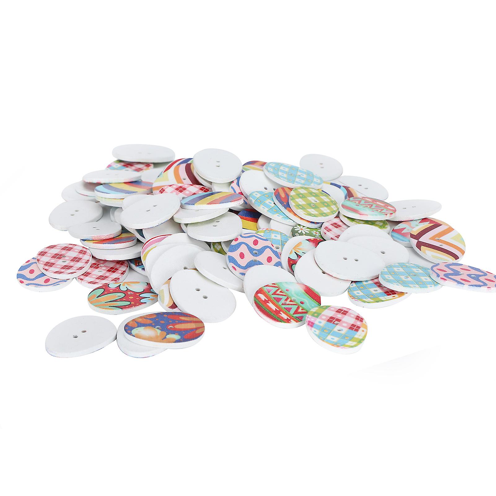 100Pcs Button Set Colored Egg Shape Wooden Sewing Decorative Buttons with Perforations