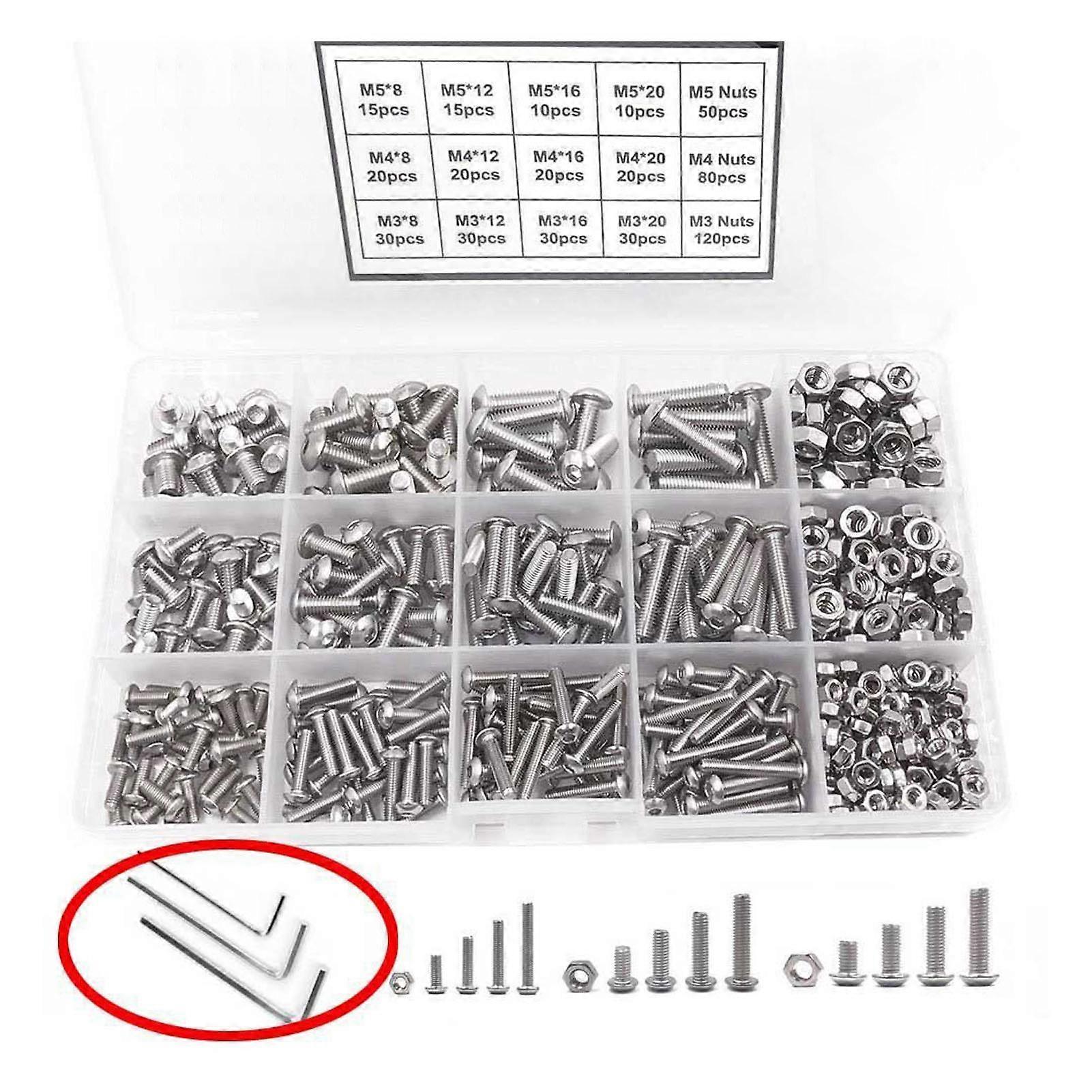 500PC Stainless Steel Screws & Nuts Set: Precision Pan Head Hex Socket - Comprehensive Assortment Kit for Automobile, Machinery (-)