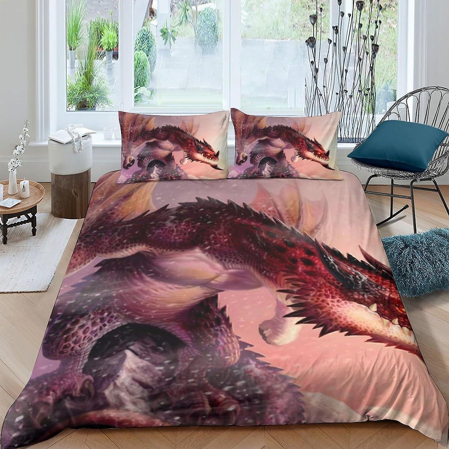 LOUSON DragonPåslakan Set 3D Sängkläder Set Dekorativt Mikrofiber Polyester Täcke Täcke med Pillow Shams, Dragkedja, 3 Piece Set Quilt Cover King