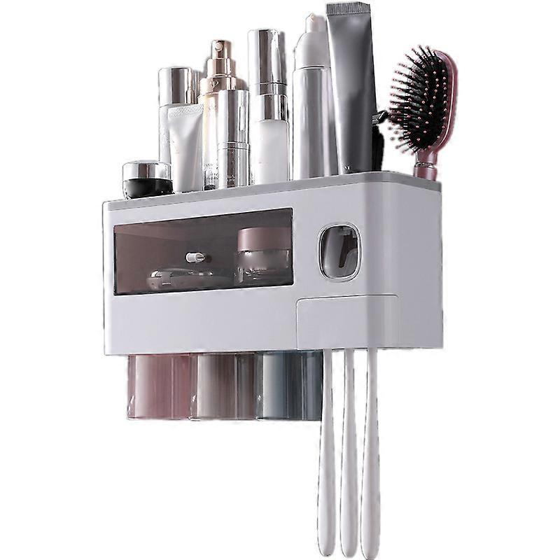Wall Mounted Toothbrush Holder Multi Function Magnetic Absorption Bathroom Storage Rack With Drawer Toothpaste Dispenser 3 Cup Translucent Gray (31.4x