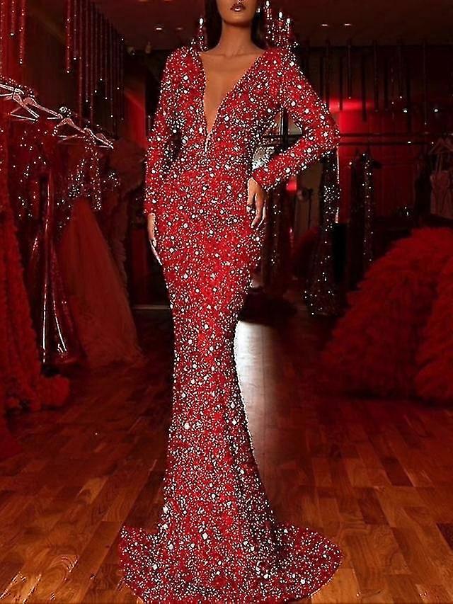 Damen Party Kleid Paillettenkleid Langkleid Maxikleid Rot Langarm Reine Farbe Pailletten Winter Herbst Herbst Deep V Winterkleid Weihnachtsabend Par