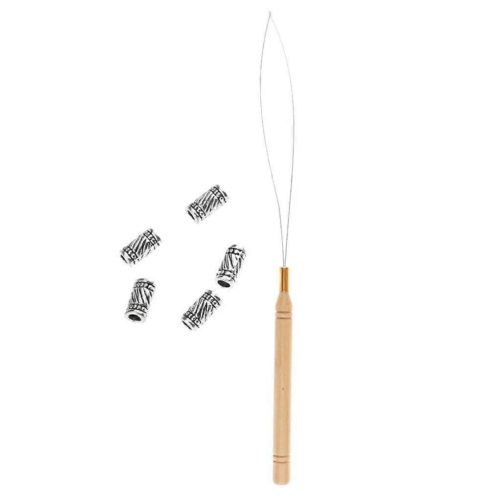 5Pcs Hair Braid Bead Hair Extensions Decoration + Wire Pulling Hook Tool 03
