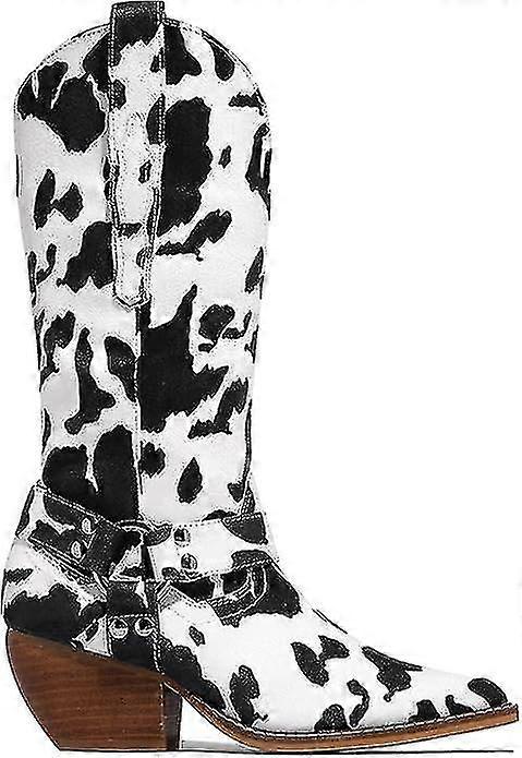 Black Butterfly Pattern Mid Calf Chunky Heel Cowgirl Boots