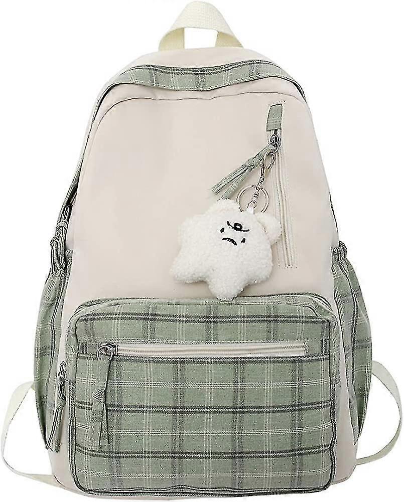 Cute Casual Backpack Sage Green Plaid Backpack School Kawaii