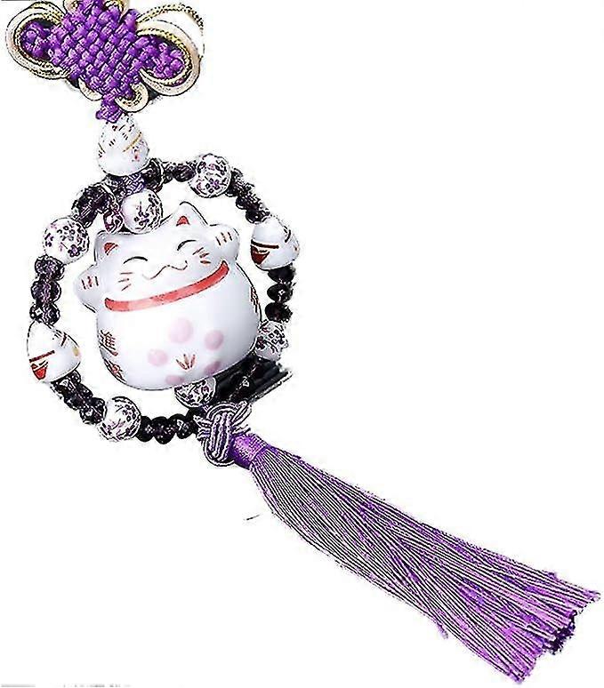 (purple) Cute Lucky Cat Ceramic Ornament, Car Rearview Mirror Pendant, Car Interior Rearview Mirror Decorative Pendant, Suitable For Car Bedroom