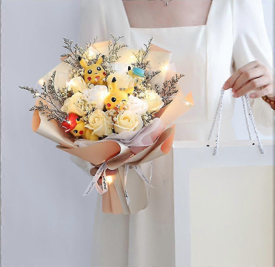 باقة دمية مع حقيبة هدايا وضوء LED دمية محشوة القطيفة Kawaii الصابون زهرة هدية مربع روز زهرة الكرتون هدايا عيد الحب