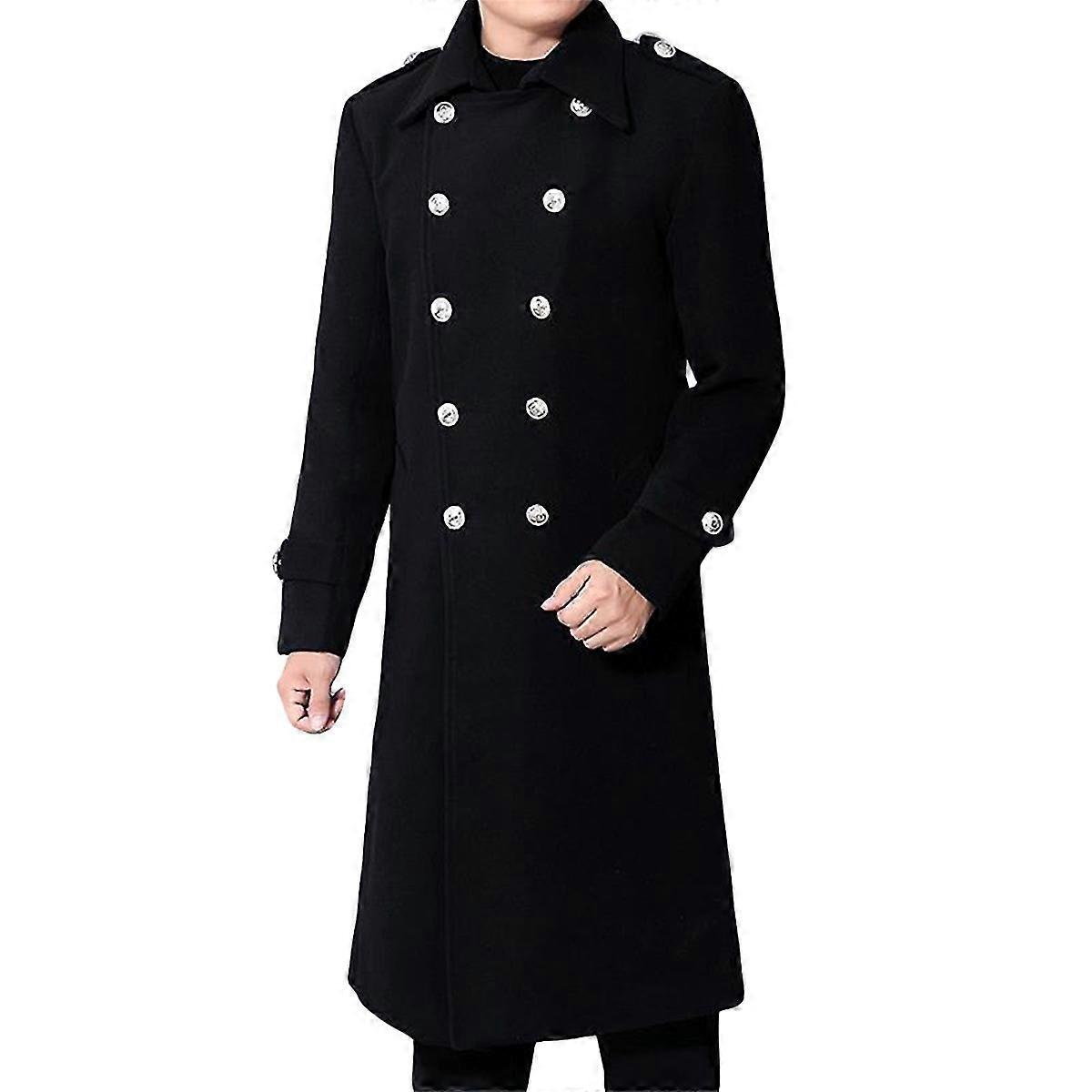 VAWAN Mens Casual Solid Color Double-breasted Lapel Mid-length Coat