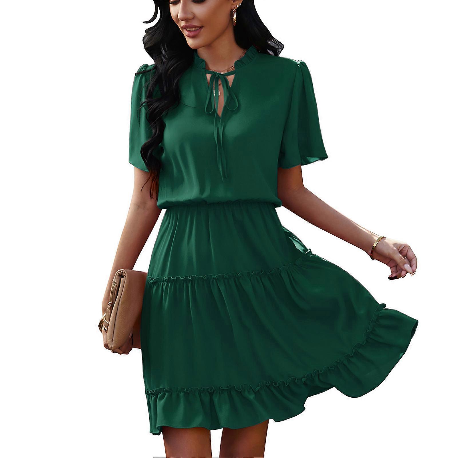robe cordon de serrage cravate col v lâche décontracté Falbala cravate taille robe à manches courtes pour femmes vert foncé S