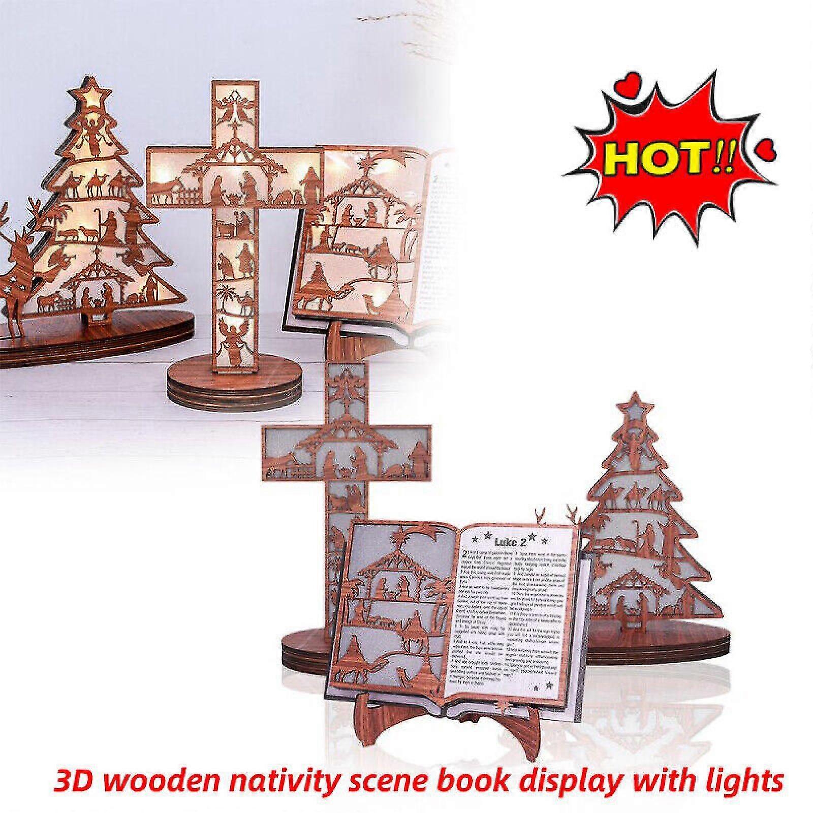 3D Christmas Wooden Nativity Scene Book Display with Light, Nativity Sets for Christmas Indoor