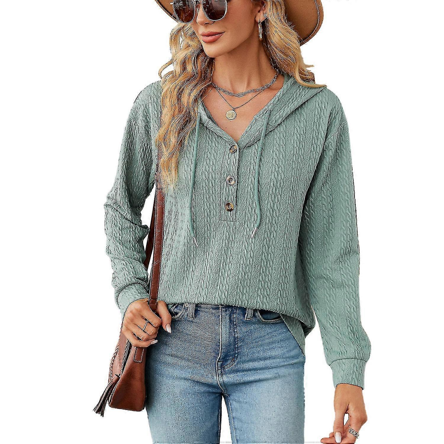 Autumn And Wi Pure Colour Fashion Retro Style Hooded Button Loose Casual Long Sleeve Sweatshirt Women's