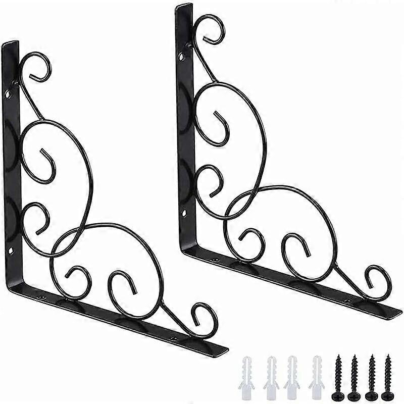 Wrought Iron Shelf Bracket, 2 Pieces Garden Shelf Brackets, Iron Wall Shelf Bracket, Shelf Support Bracket, for Kitchen Bathroom Office Restaurant (Bl