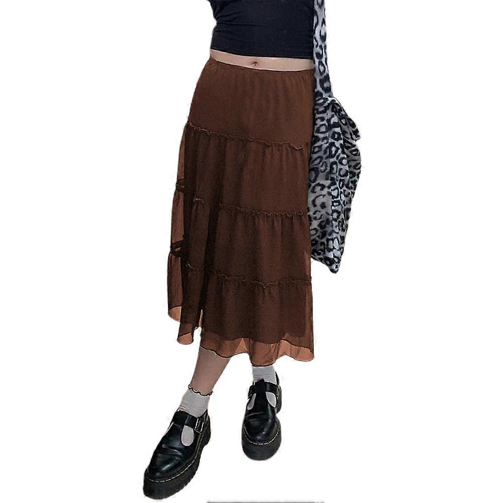 Women's Brown Mesh Lace Cake Skirt, Casual Summer Sundress with Ruffle Sleeves & High Waist, Mid-length Design for Height Display - S/M/L Sizes