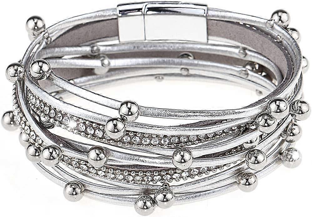 Multi-Layer Leather Bracelet Beads Wrap Cuff Bangle for Women