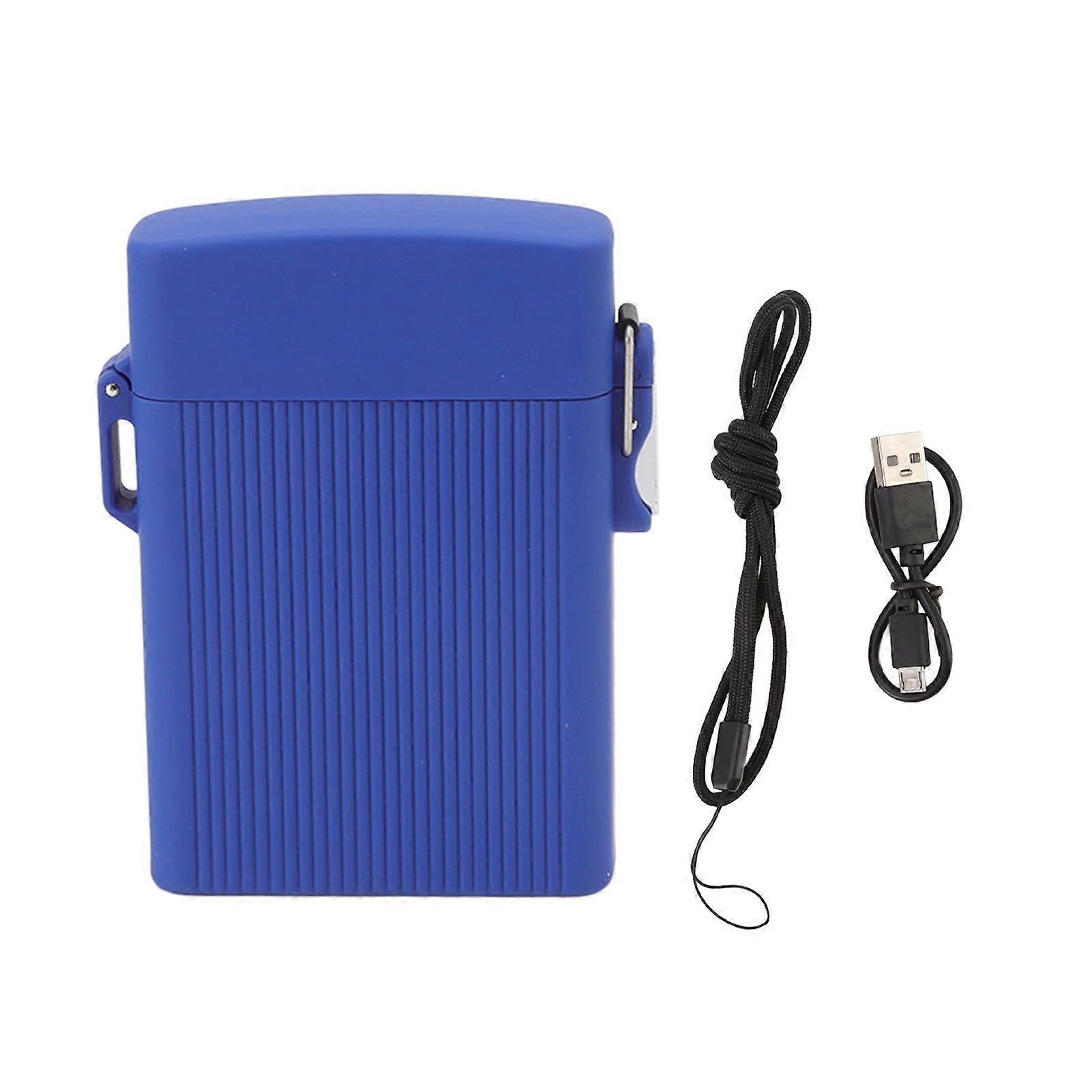 Full Pack 16 Cigarettes Case USB Rechargeable Windproof Flameless Cigarettes Lighter Case Waterproof Cigarette Box with Lanyard Blue