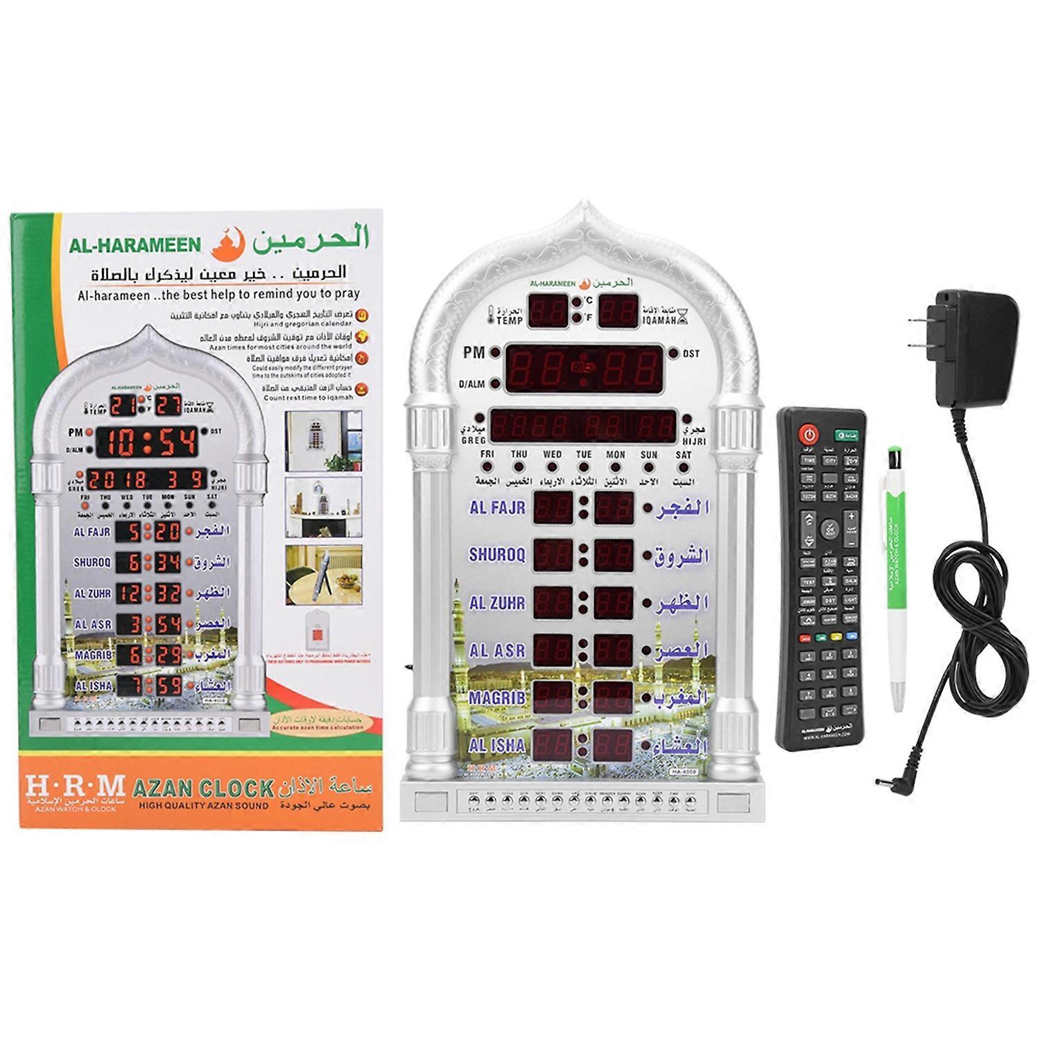 Muslim Azan Digital Wall Table Clock 5 Times Prayer Reminder Electronic Calendar Remote ControlSilve