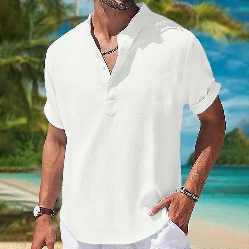 2024 Men's Linen Short Sleeve Shirts Casual Summer Solid Solor Shirt Us Size