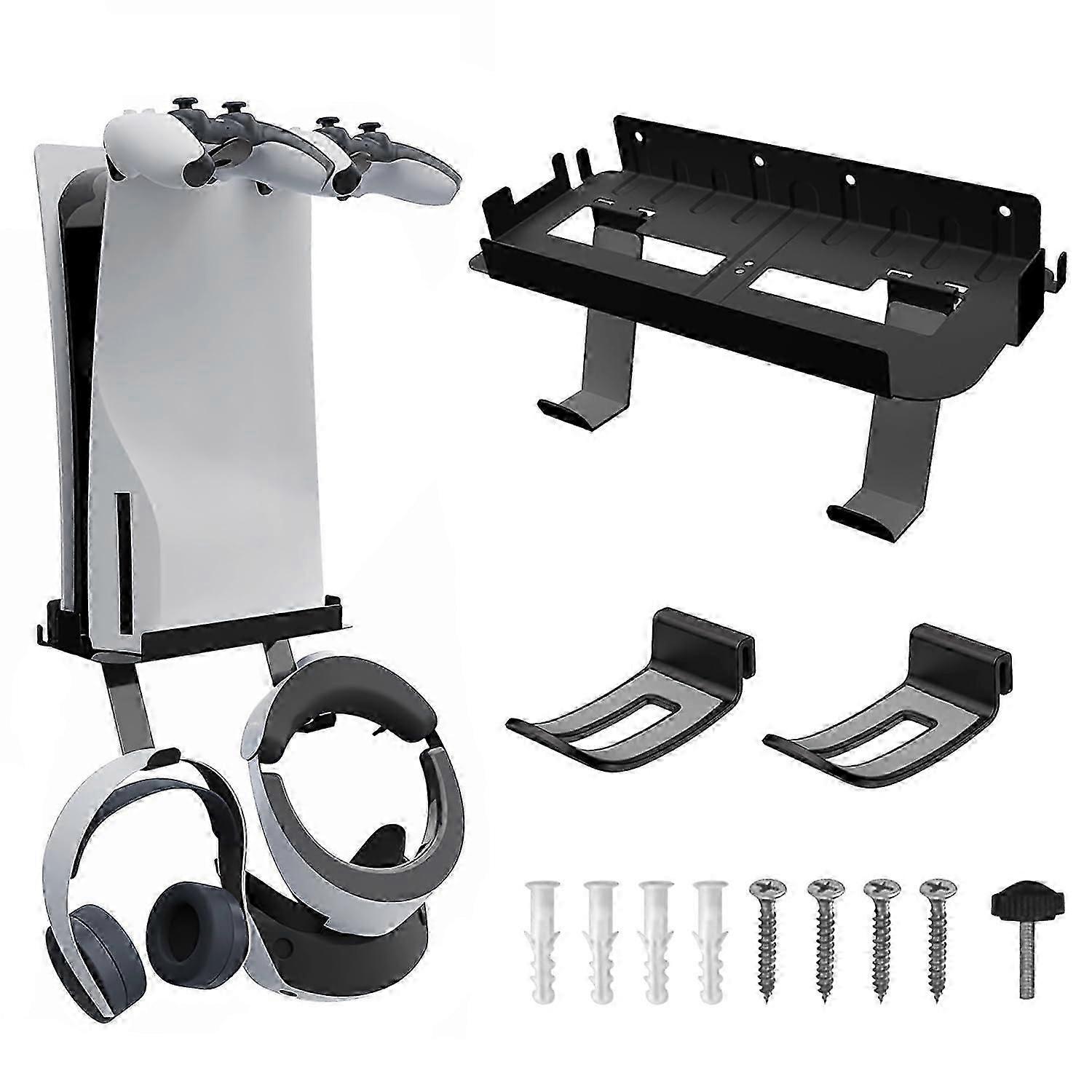 unique PS5 Wall Mount Kit Compatible with PS5 Digital/Disc Edition, With Hooks to Store VR Glasses, Headset, PS5 Controllers