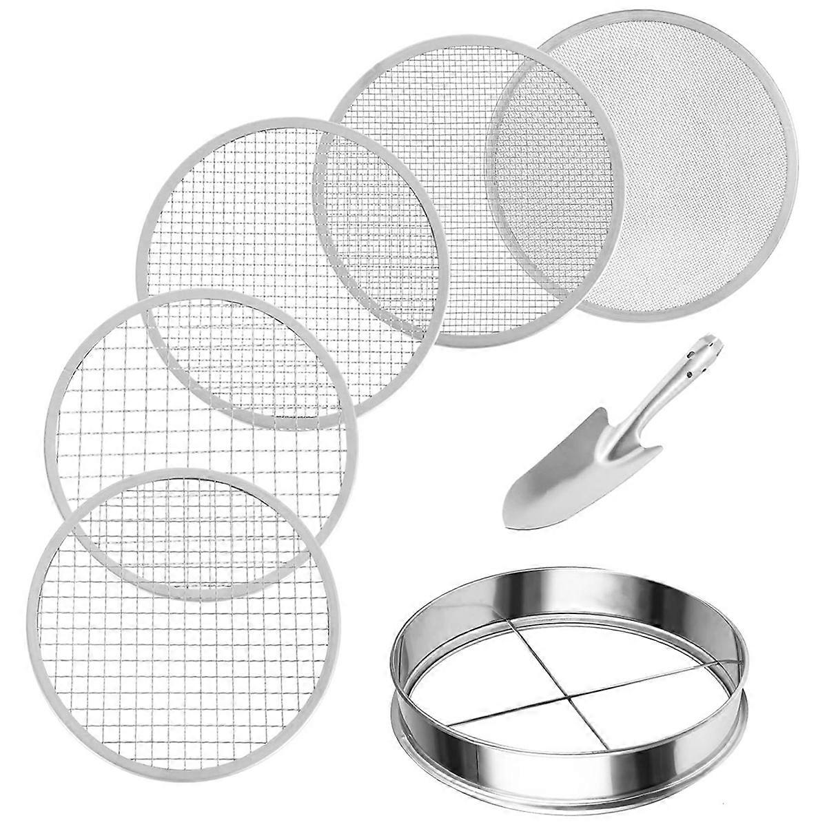 Soil Sifter Stainless Steel Riddle Sieve Set for Gardening with 5 Sizes 8in Diameter 1/3/6/9/12mm Interchangeable Meshes