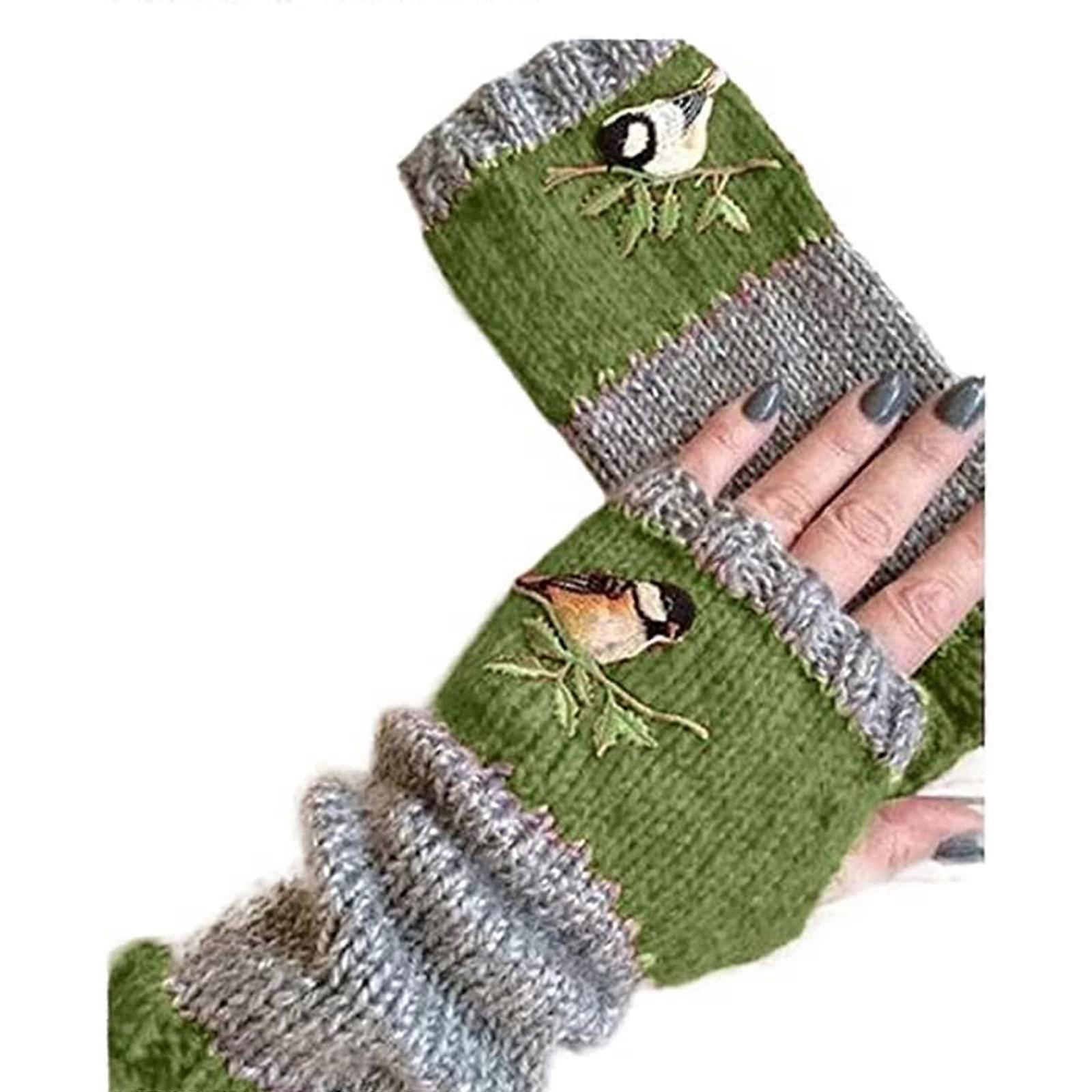 Vintage Knitted Fingerless Gloves with Warm Patchwork, Bird Embroidery, Soft Wool Material, and Unique Design