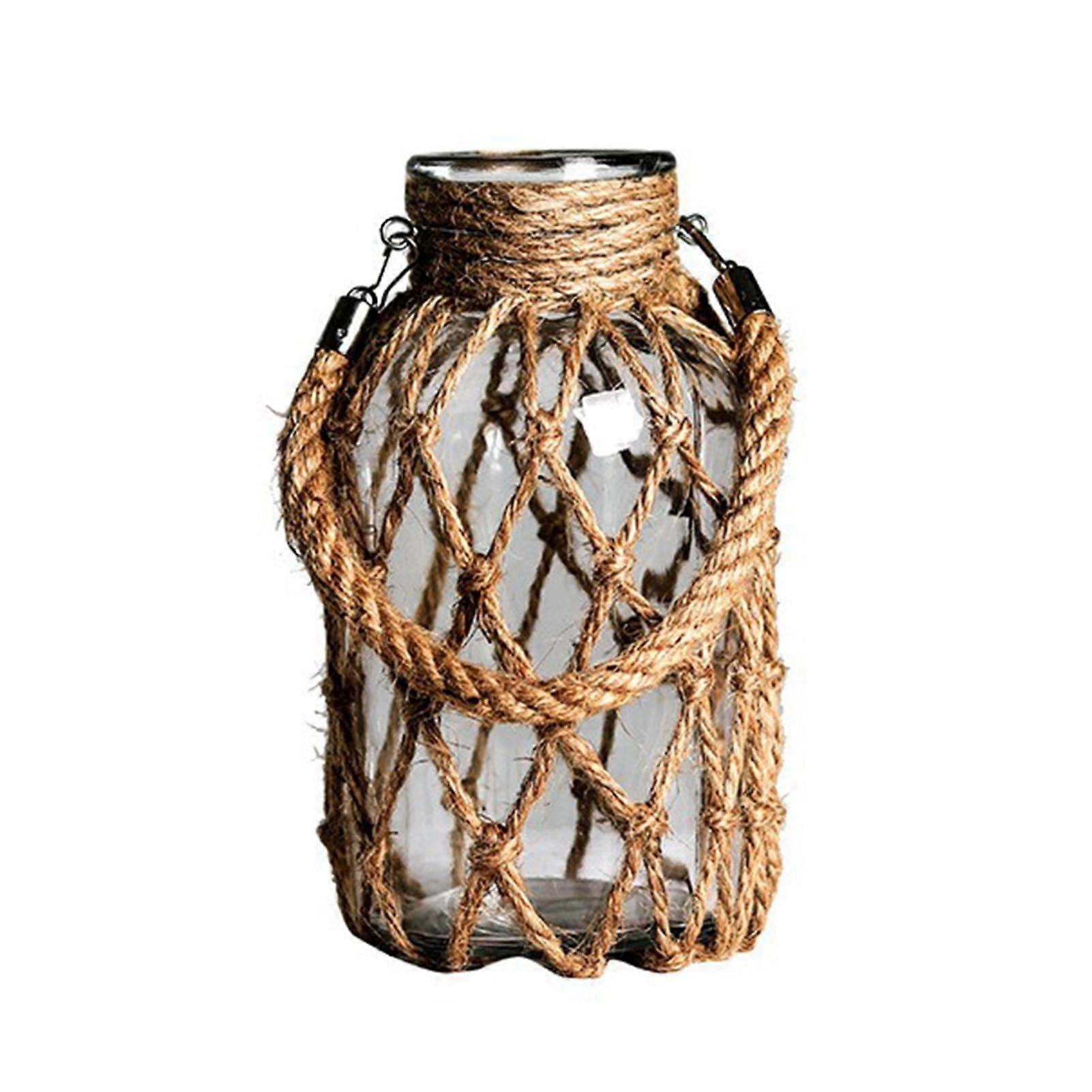 Hanging Mason Jar Glass Vase 20cm with Rustic Rattan Cover and Rope Woven Design for Decorative Flower Plants