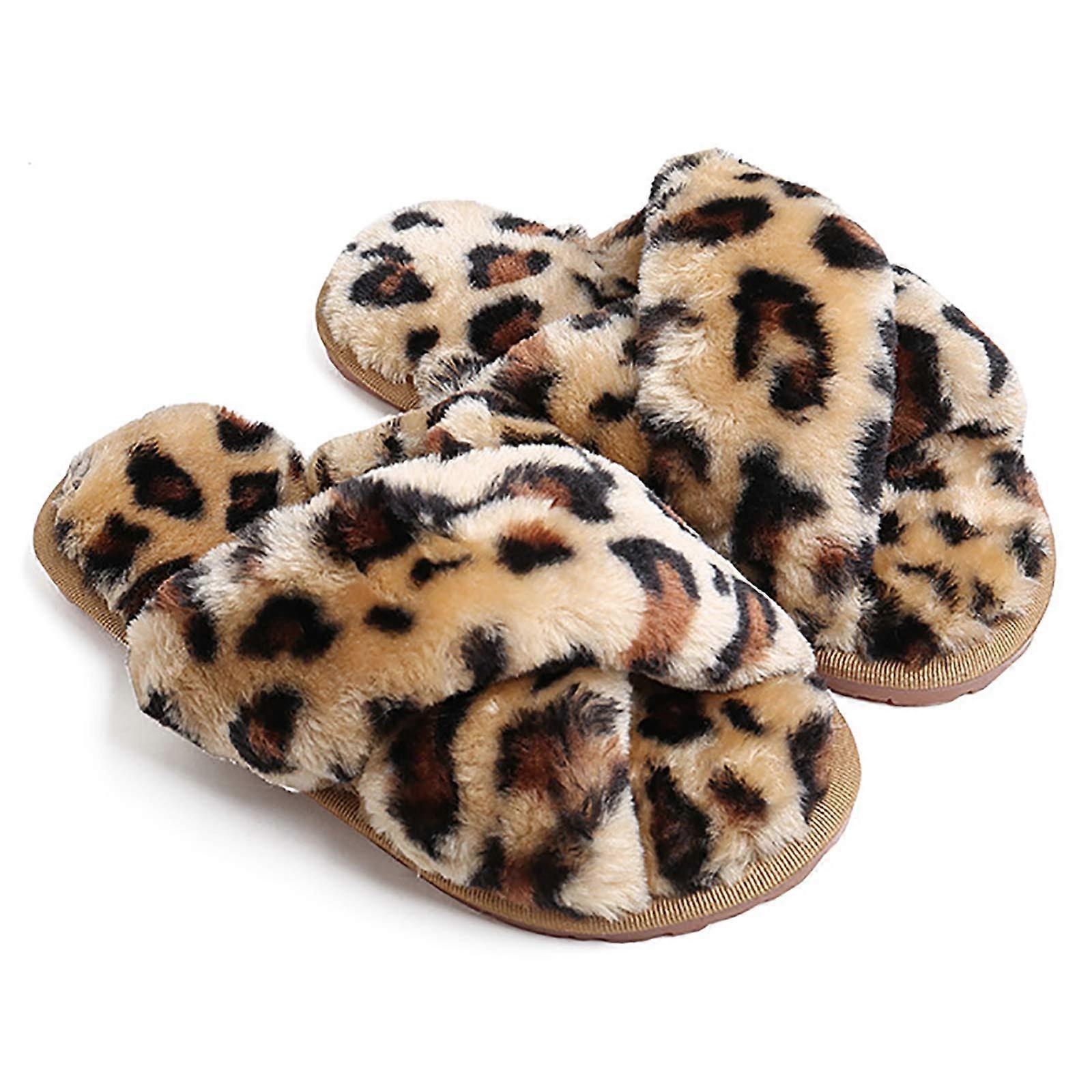 Cross Band Slippers for Women, Fuzzy Faux Fur Home Flip Flops, Leopard Print Chunky Slippers, Size 9