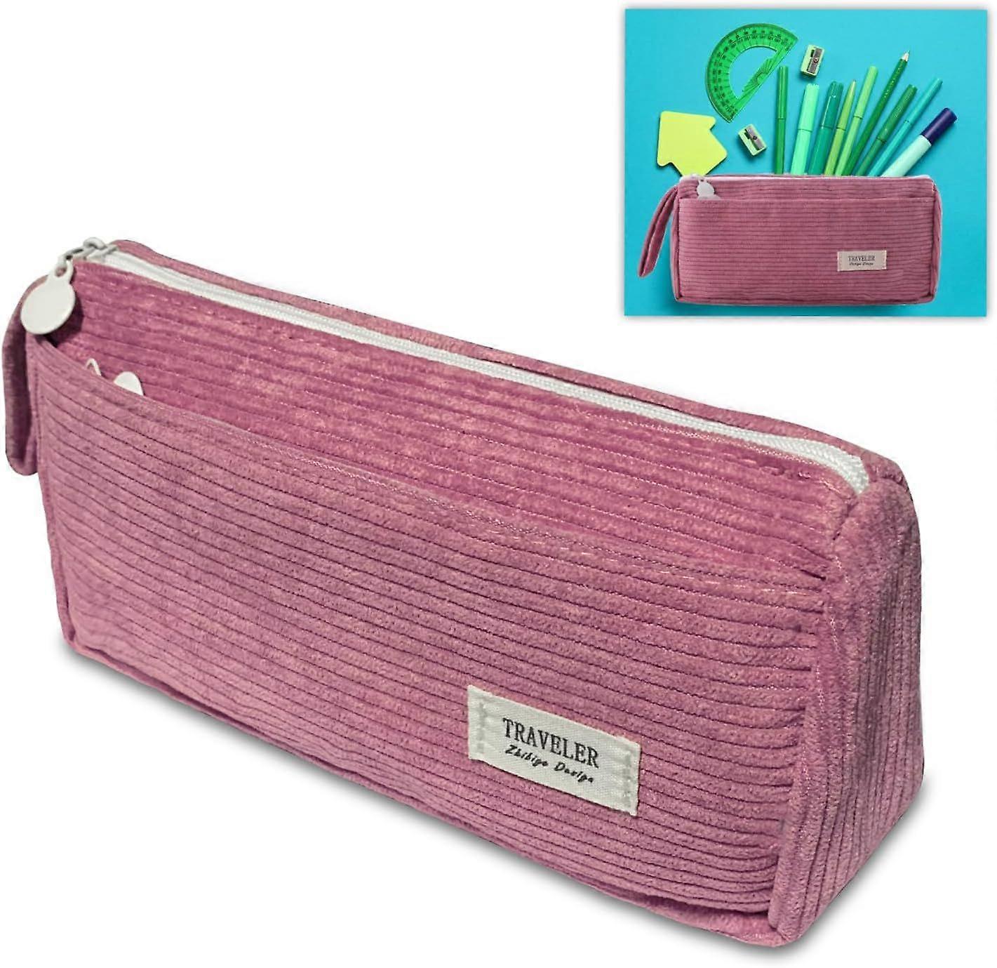 Large capacity corduroy pencil case with compartments, washable pencil case for students and office workers
