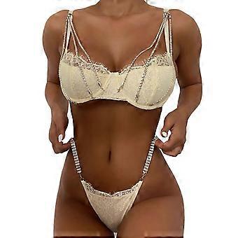 Women Sexy Eyelash Floral Lace for Rhinestone Chain Lingerie Set with Garter Bel  Skin colour S