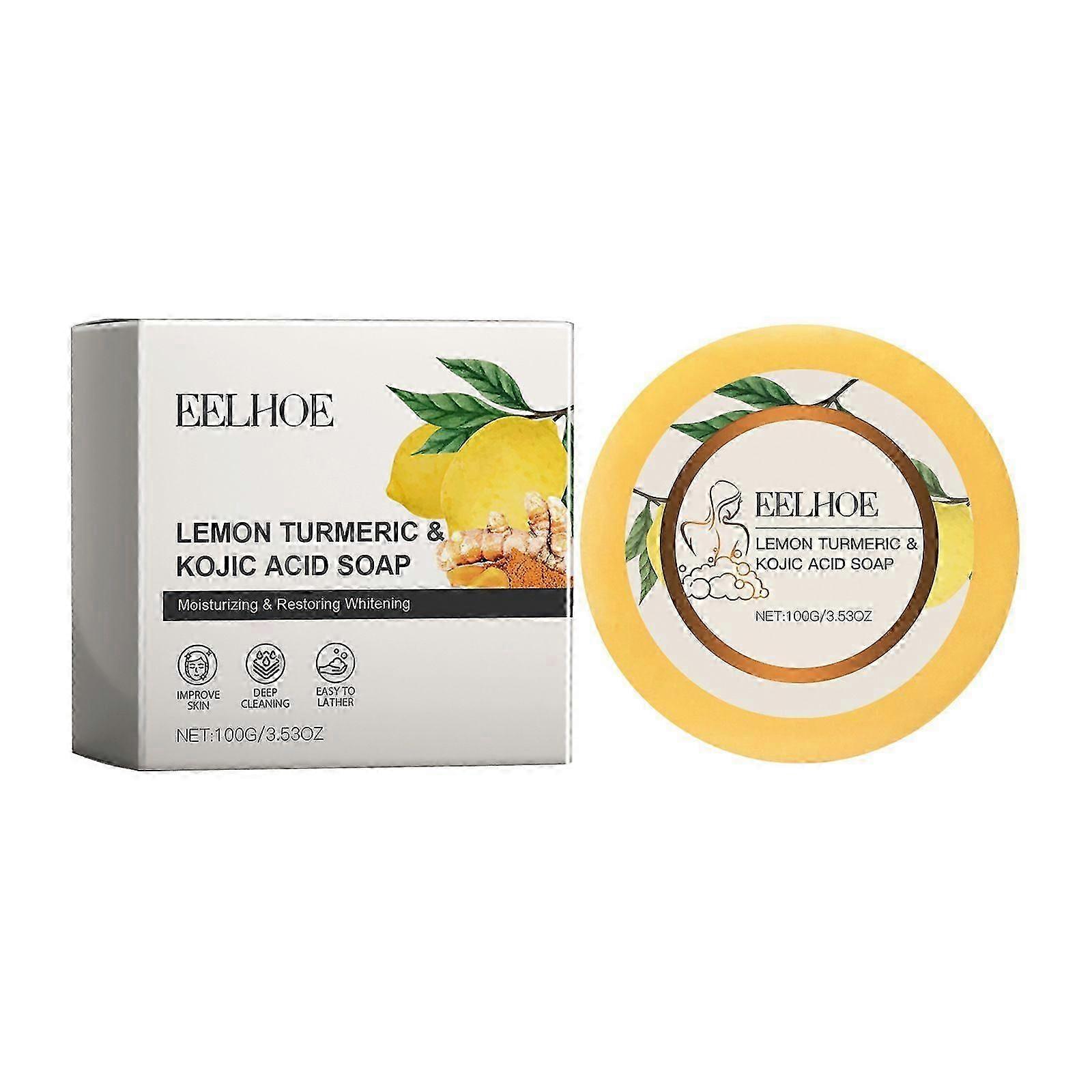 Eelhoe Lemon Turmeric Kojic Acid Soap Cleansing Pores Moisturizing Hydrating Softening Skin Round Facial Soap