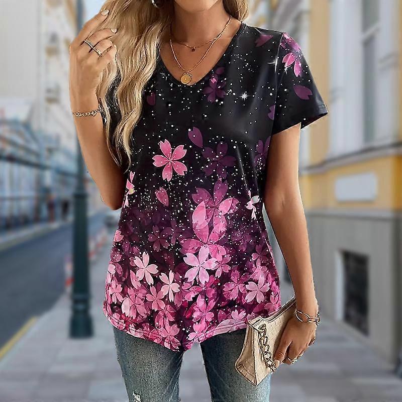 Moda Spadające kwiaty Drukowane Bluzki Koszulki z krótkim rękawem z dekoltem w serek Casual