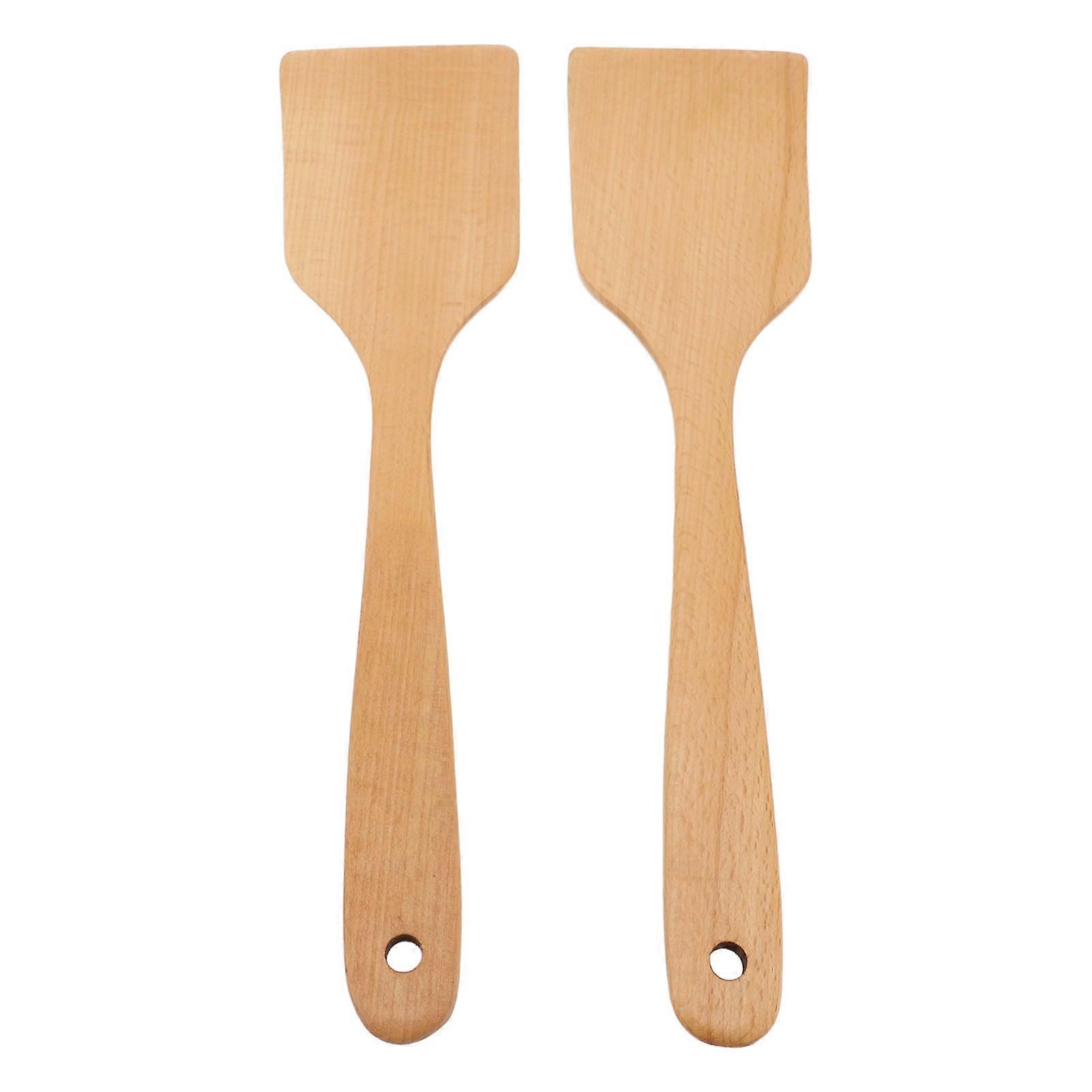 Set of 2 long handled beech wood kitchen spatulas, wide and flat, for cooking utensils