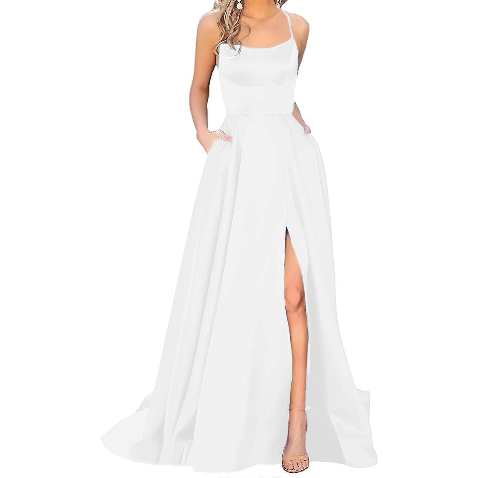 Women's Elegant Long Evening Dresses with Pockets Strappy Backless  Spaghetti Strap Prom Dress Cocktail Party Dress White S | Fruugo UK