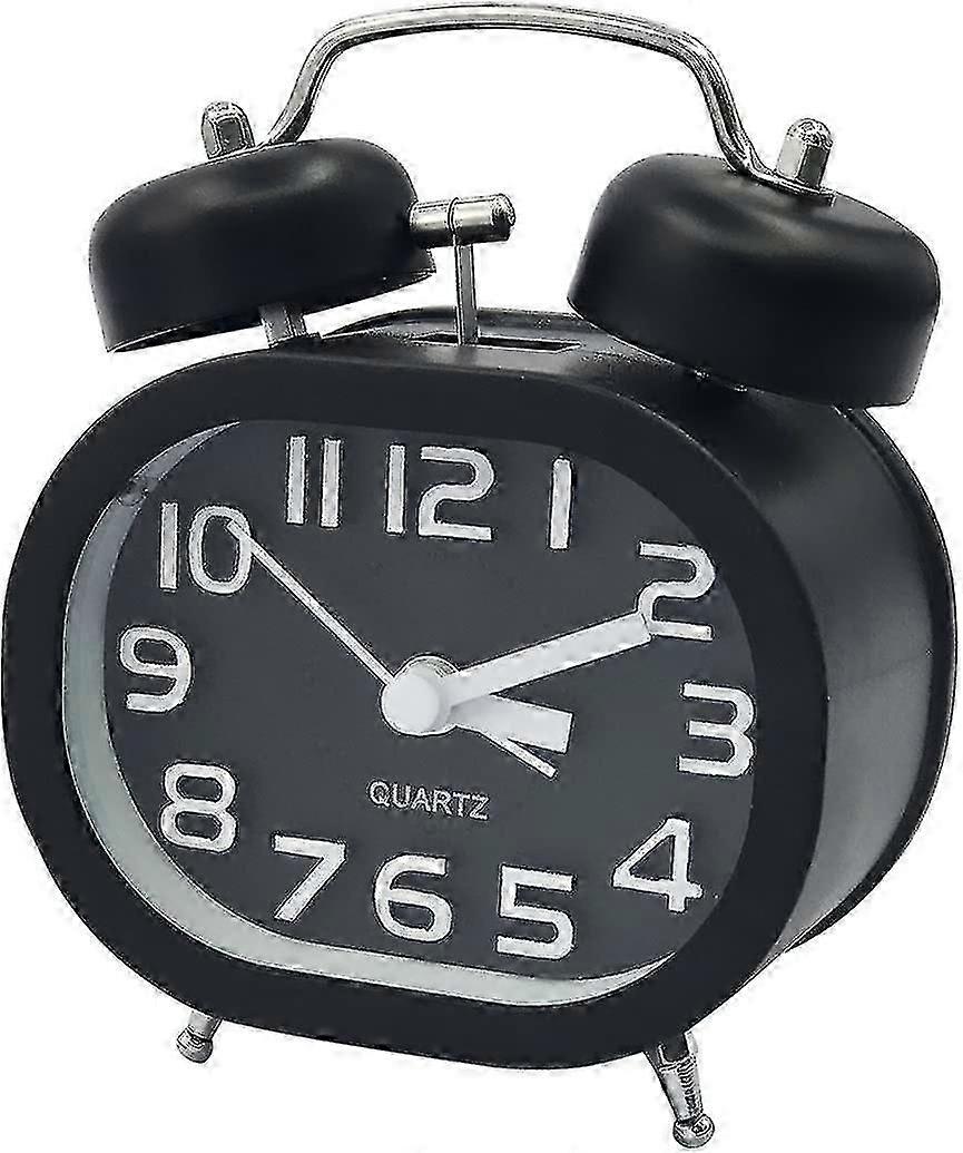 Analog Alarm Clock 3" Twin Bell Quartz Alarm Clocks Non Ticking Silent Sweep Bedside Clock Loud Alarm Battery Operated With Nightlight, Black